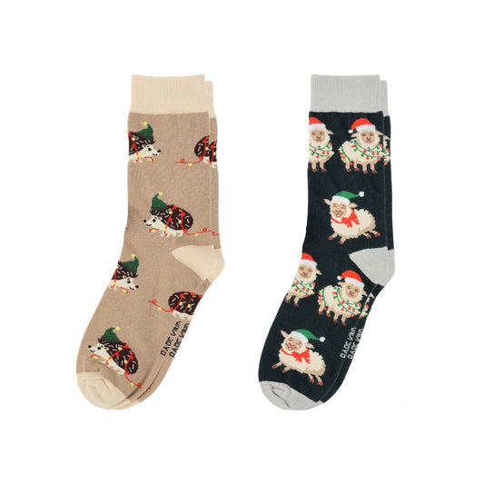 Two pairs of socks with festive designs on a white background