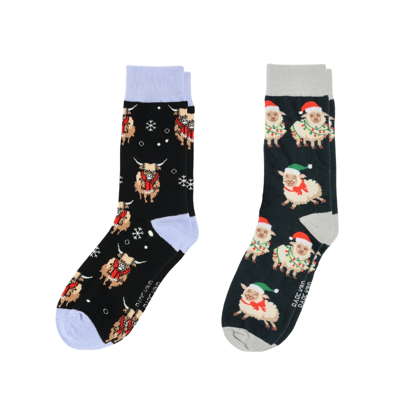 Two pairs of socks with festive animal patterns on a white background