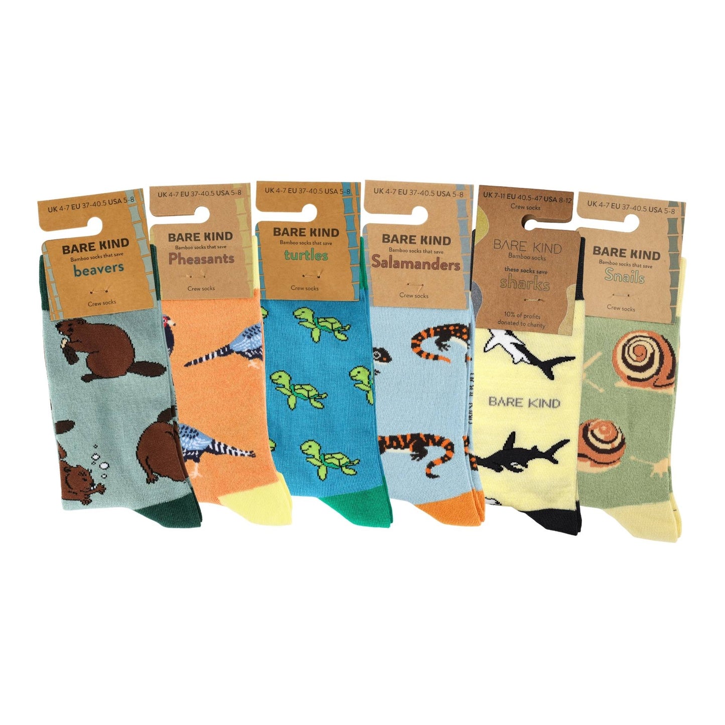 Set of six pairs of socks with animal illustrations and 'Bare Kind' packaging on a white background.