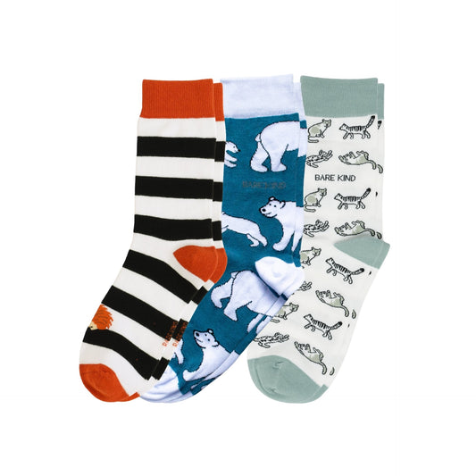 Three pairs of socks with different designs on a white background