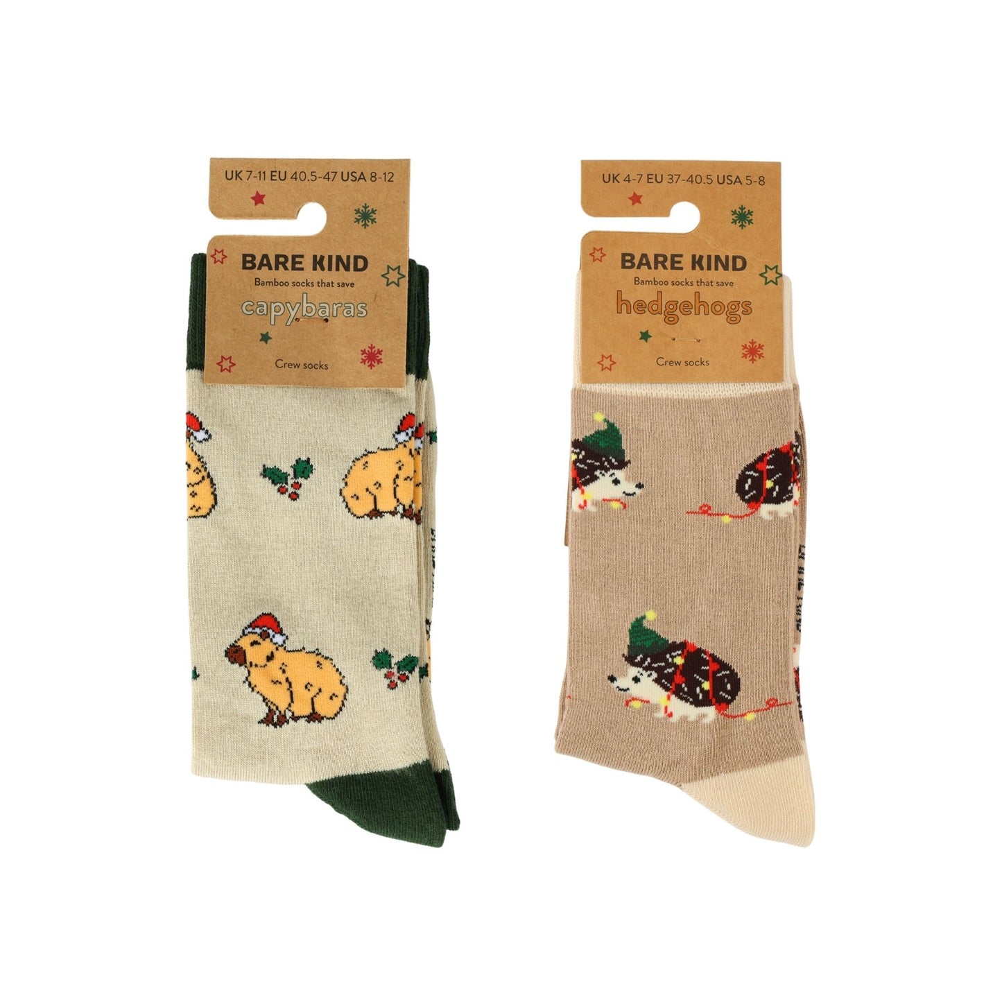 Two pairs of socks with capybara and hedgehog designs on beige backgrounds, each with a Bare Kind label.