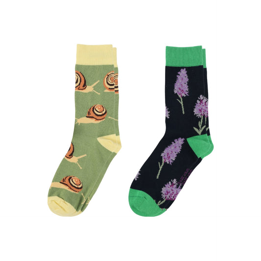 Two pairs of socks with snail and floral patterns on a white background