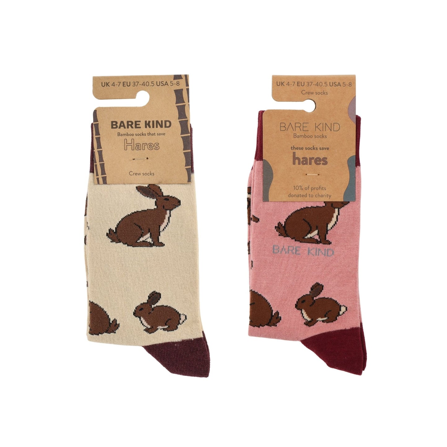 Two pairs of socks with hare design packaging, one beige and one pink, on a white background.
