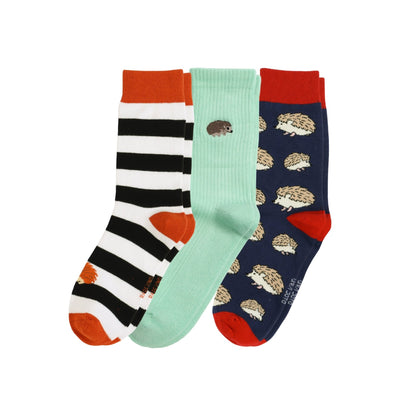 Three pairs of socks with different designs on a white background