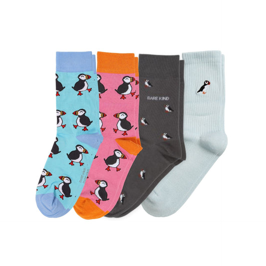 flat lays of Blue Puffin, Pink Puffin, Small Motif Puffin, Blue Ribbed Puffin bamboo socks