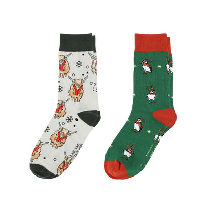 Two pairs of socks with festive designs on a white background