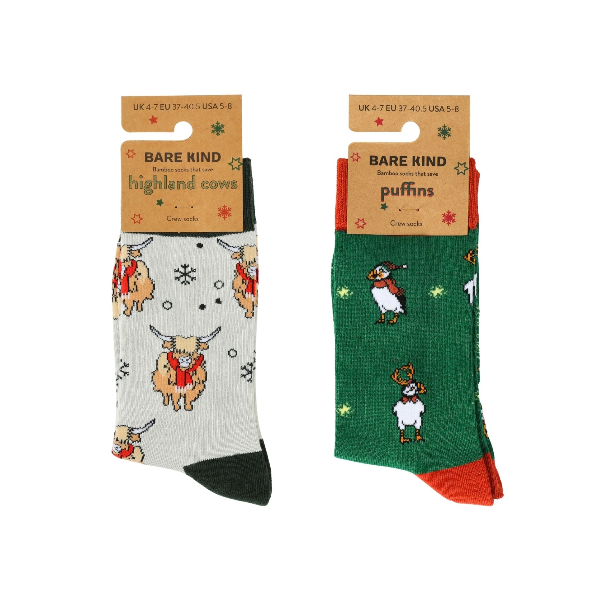 Two pairs of socks with animal designs on a white background, each in packaging with 'Bare Kind' branding.