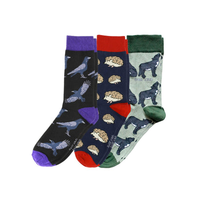 Three pairs of socks with animal patterns on a white background