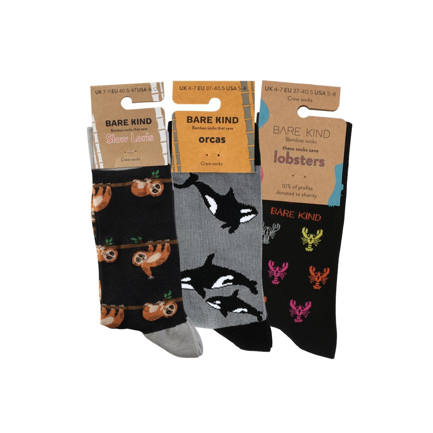 Three pairs of socks with animal designs in their packaging, labeled 'Bare Kind'.