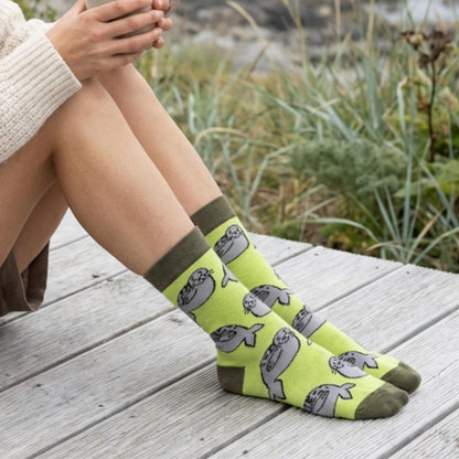 model wearing seal socks