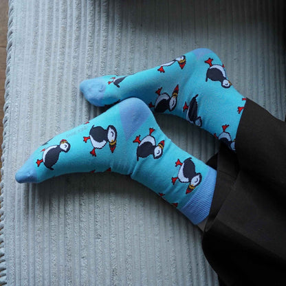 person wearing puffins bamboo socks