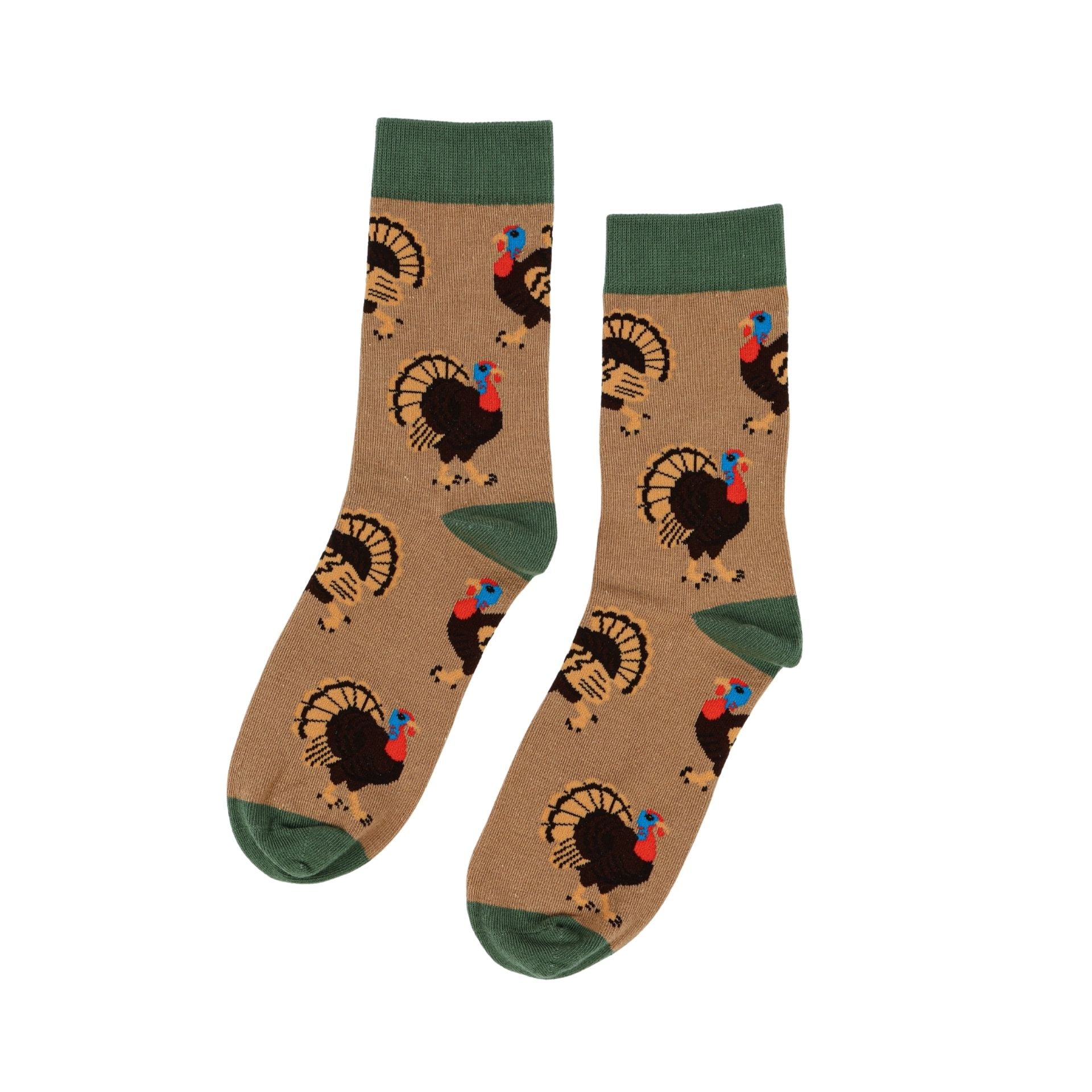 Pair of socks with turkey pattern on a white background