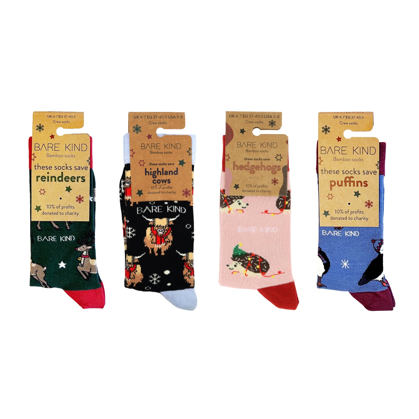 packaging flat lay image of christmas reindeer, christmas highland cow, christmas hedgehog and christmas puffin bamboo socks bundle