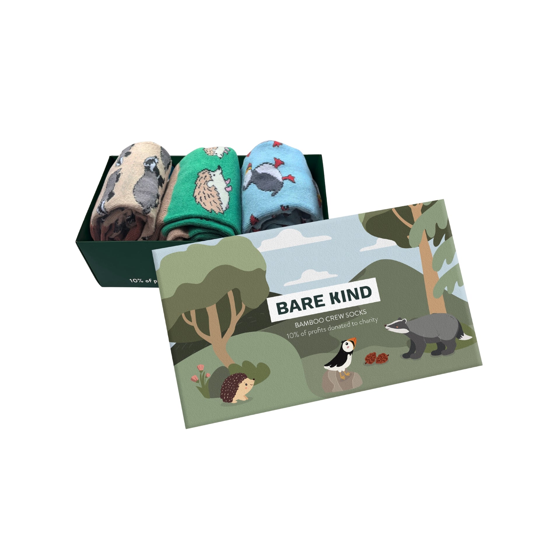 Set of bamboo crew socks with animal patterns in a box, featuring the brand 'Bare Kind'.