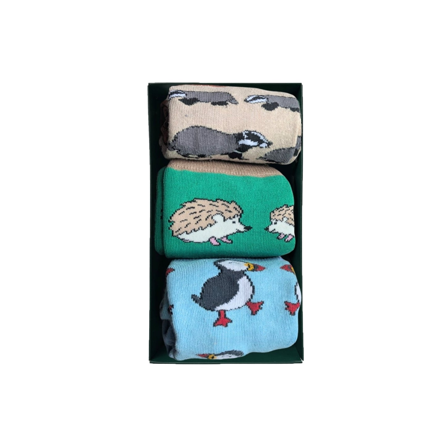 Set of three animal-themed socks in a black box packaging with 'Bare Kind' branding.