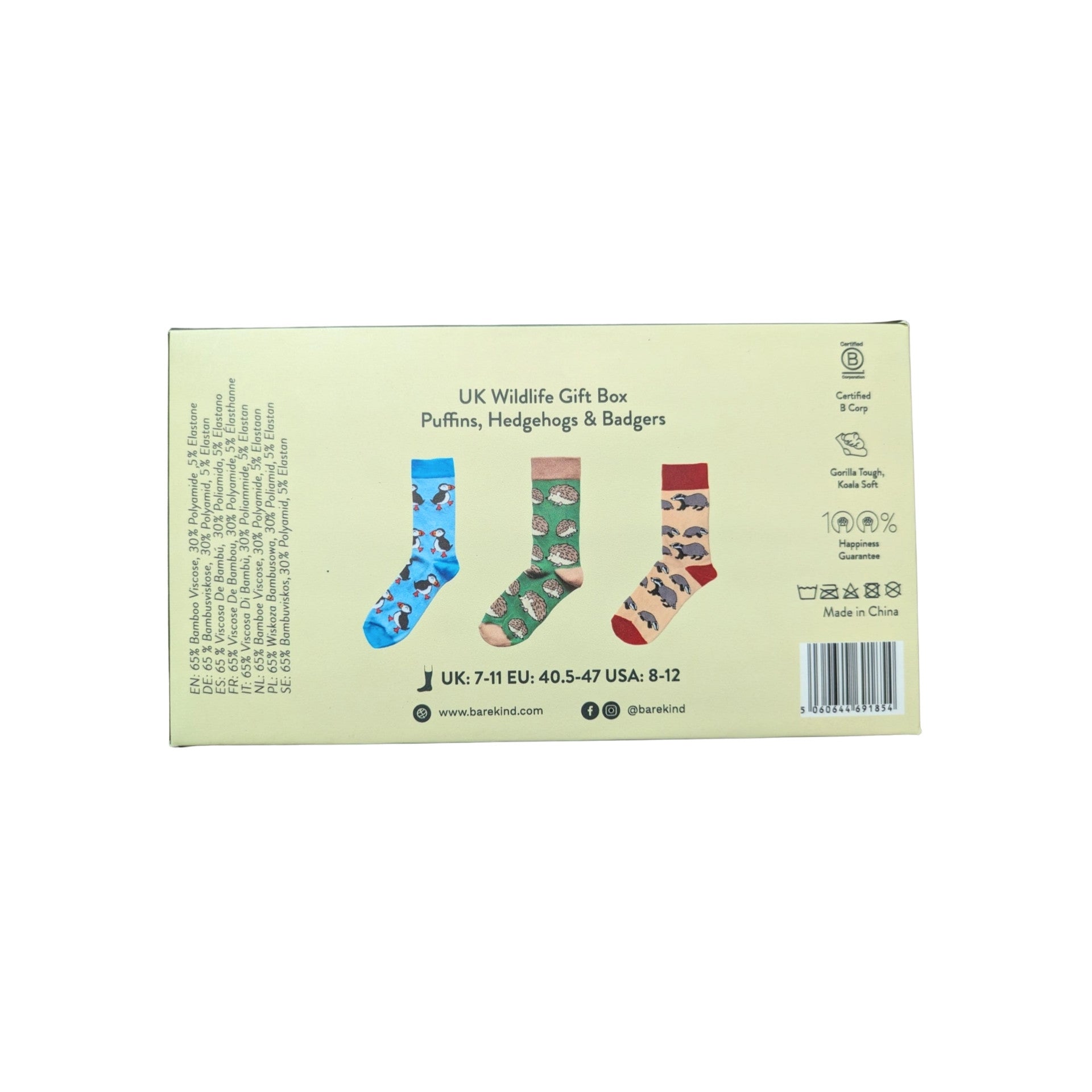 Box of Bare Kind socks with illustrations of puffins, hedgehogs, and badgers.