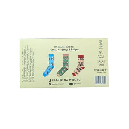 Box of Bare Kind socks with illustrations of puffins, hedgehogs, and badgers.