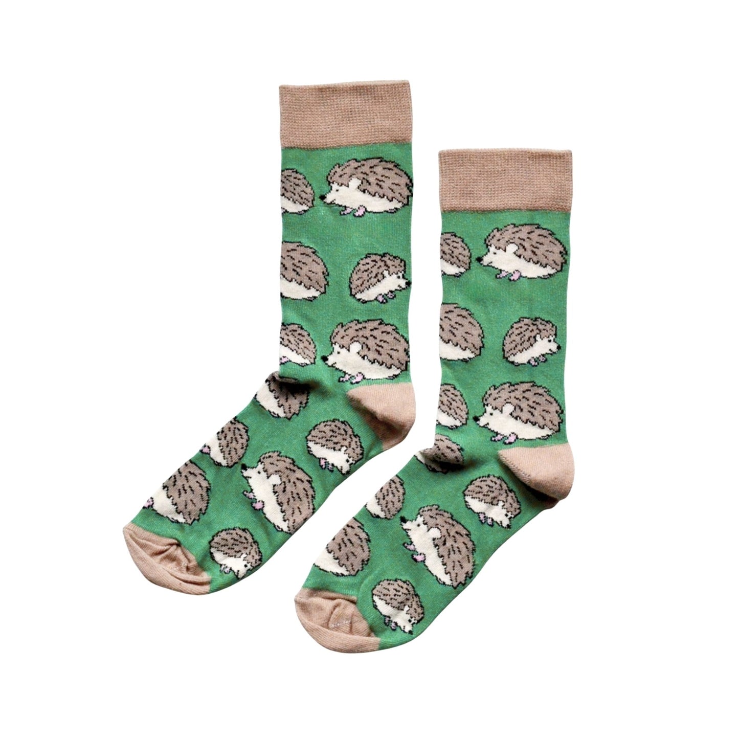 Green socks with hedgehog pattern on a white background