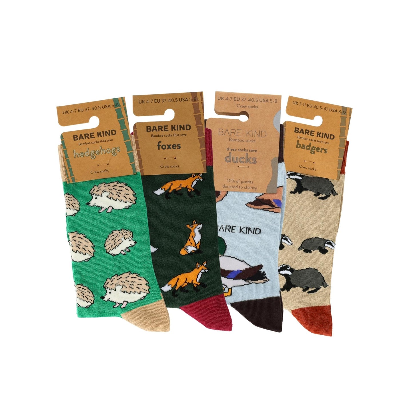 Set of animal-themed socks with packaging on a white background