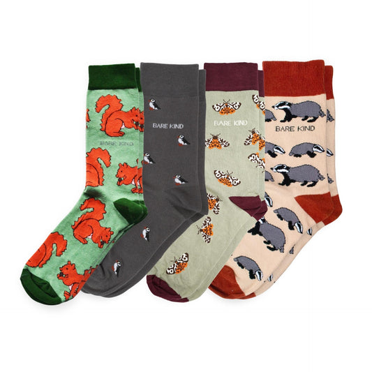 flat lays of Red Squirrel, Puffin Motif, Tiger Moth & Badger bamboo socks
