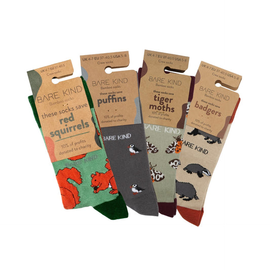 packaging flat lays of Red Squirrel, Puffin Motif, Tiger Moth & Badger