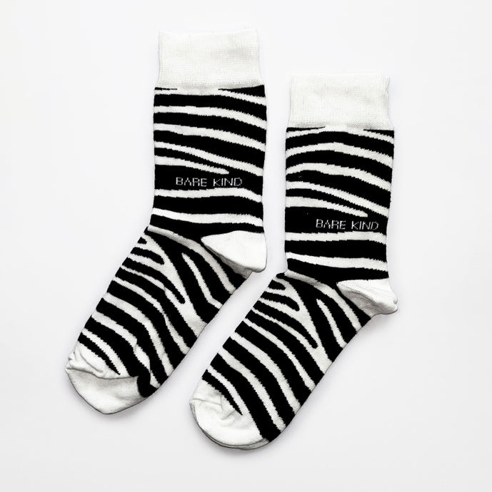 flat lay of black and white zebra print bamboo socks
