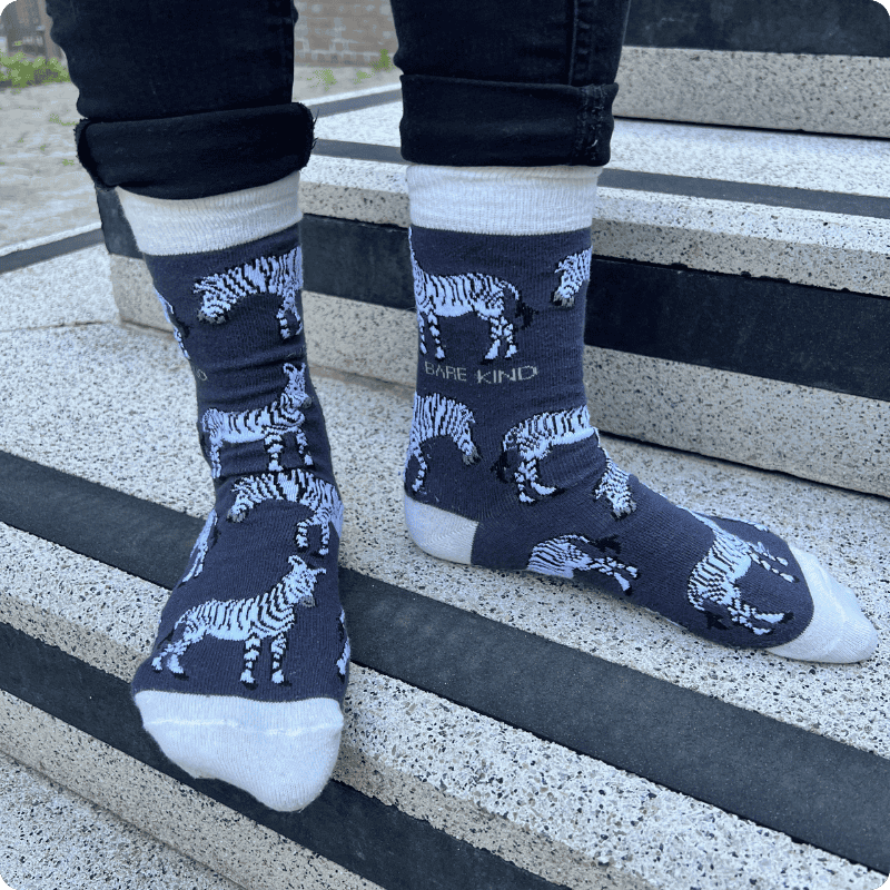 Model wearing zebra bamboo socks