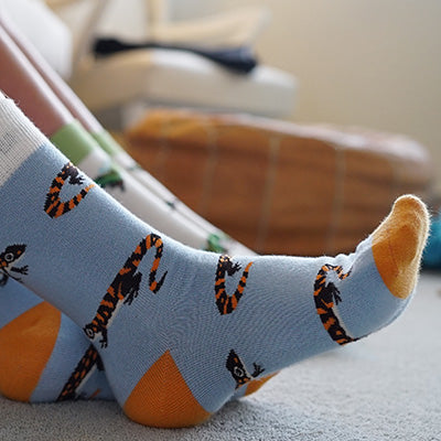 Light blue socks with orange toes and salamander 