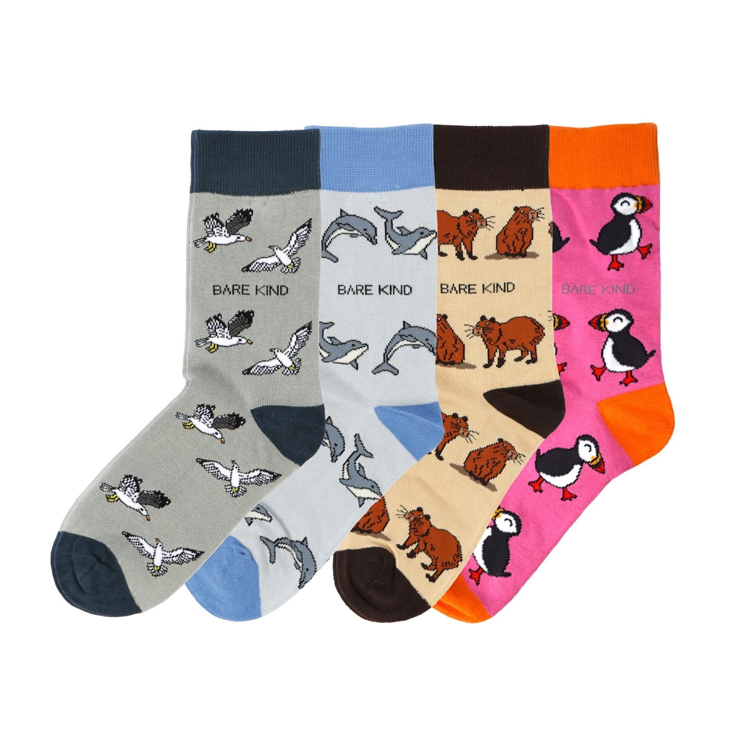 flat lays of seagull, dolphin, capybara and pink puffin bamboo socks