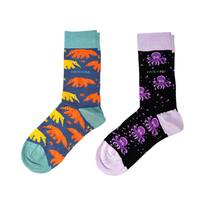 flat lays of blue orange yellow anteater and purple octopus bamboo socks