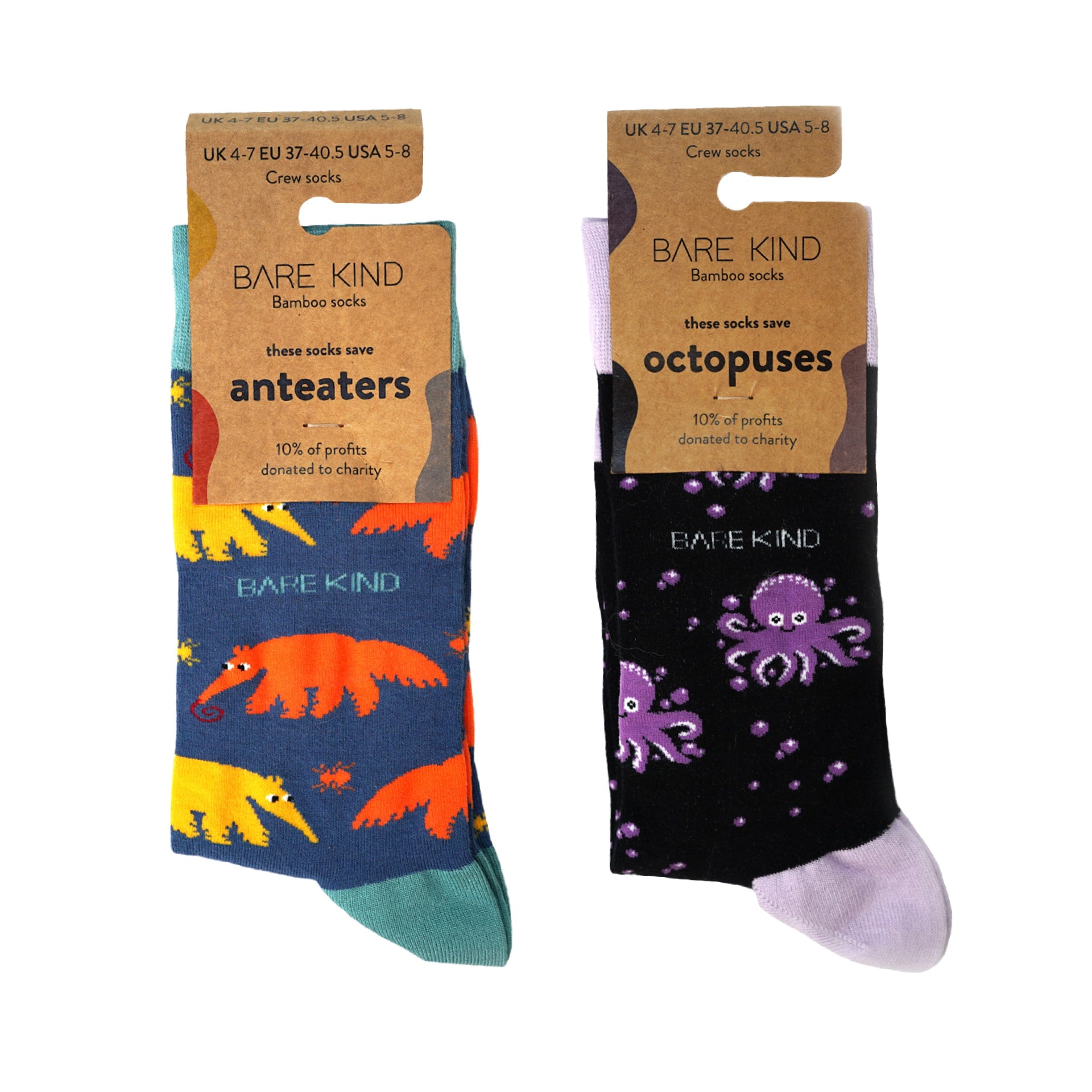 packaging flat lays of blue orange yellow anteater and purple octopus bamboo socks