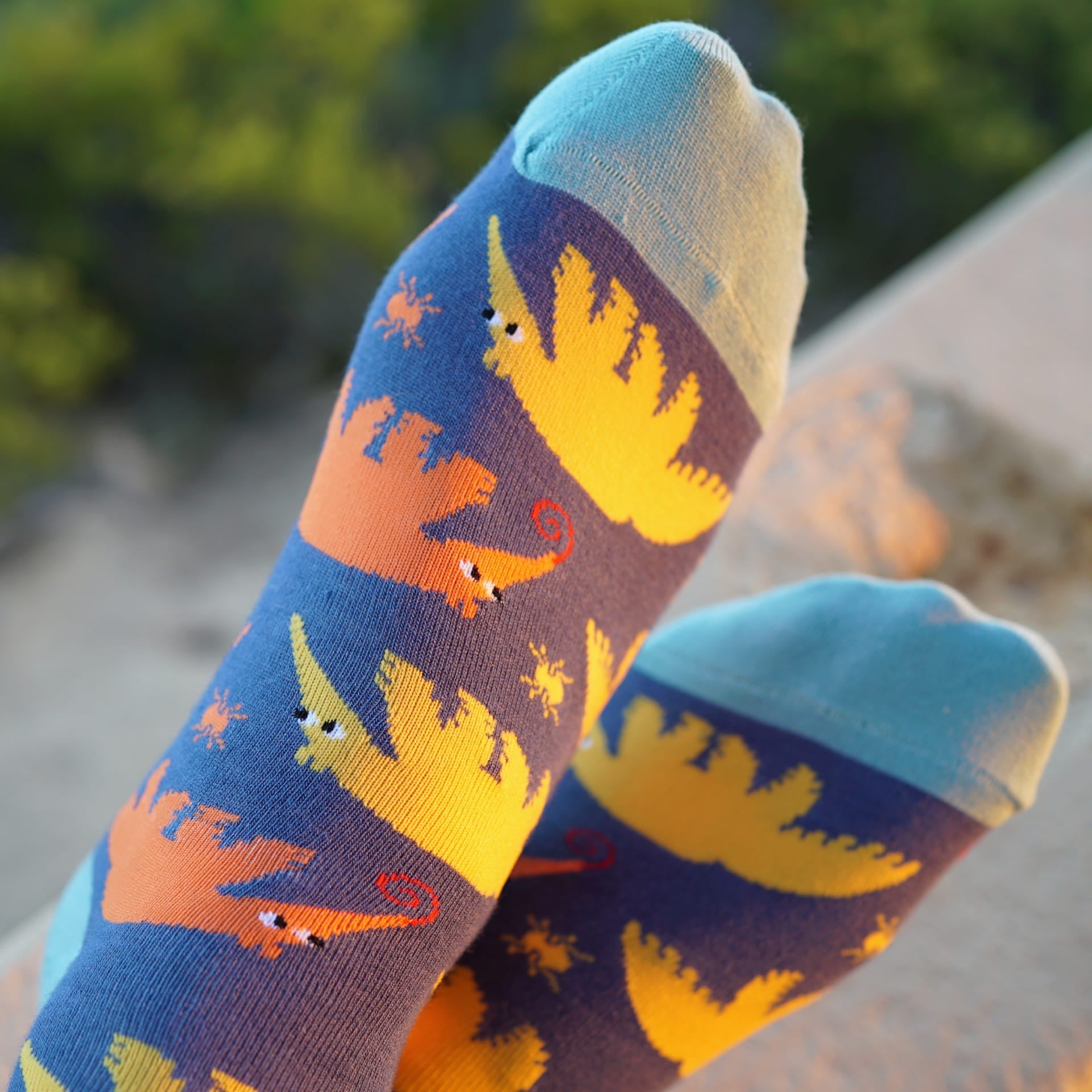 model wearing blue yellow orange anteater bamboo socks