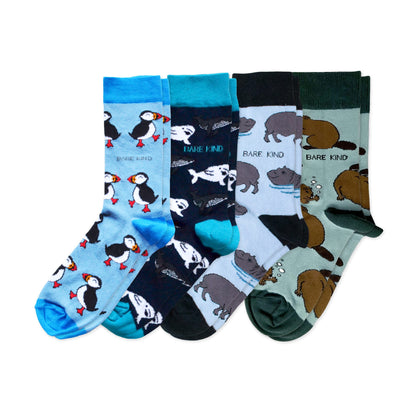 flat lays of blue puffin, blue whale, blue hippo, green beaver bamboo socks