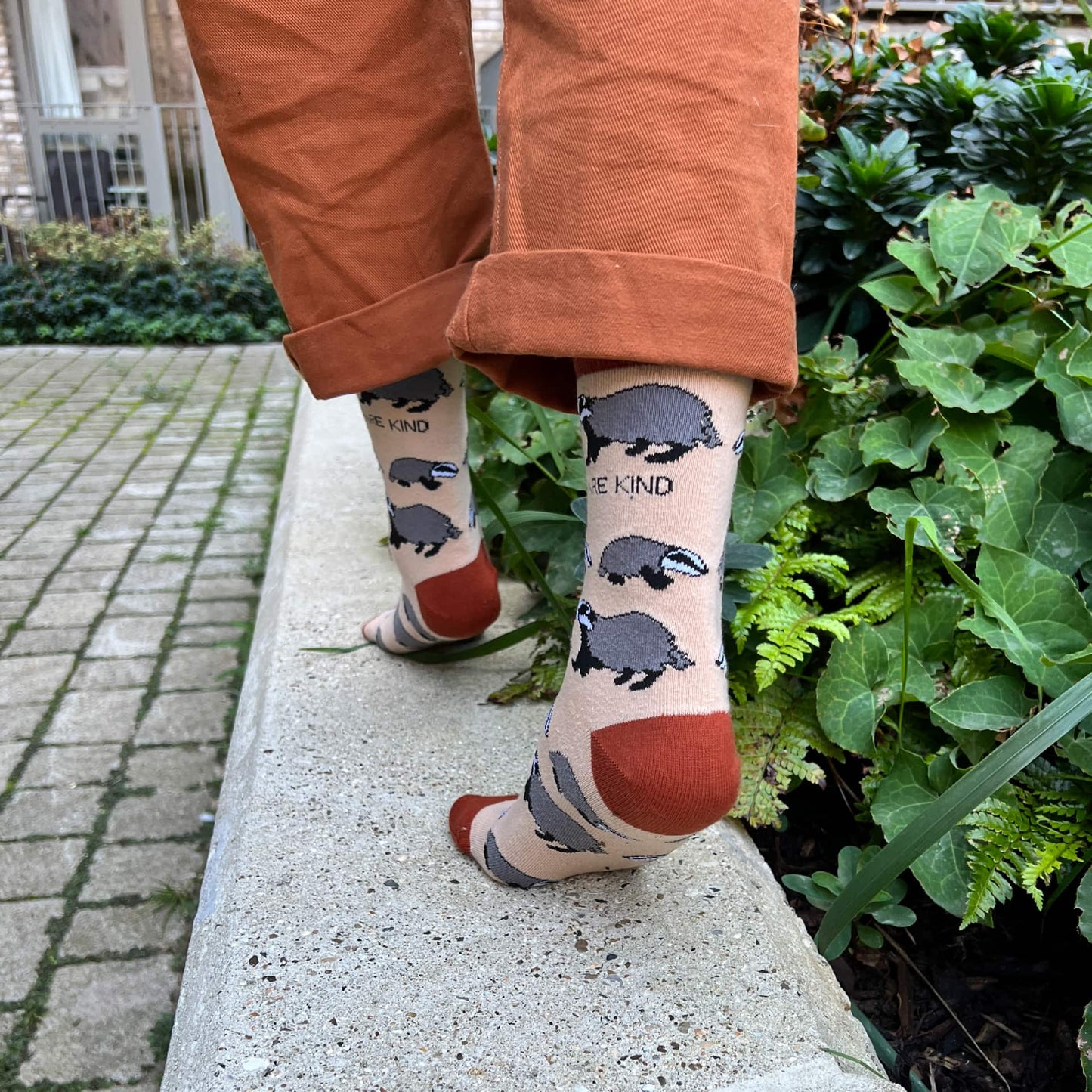 model wearing beige badger bamboo socks