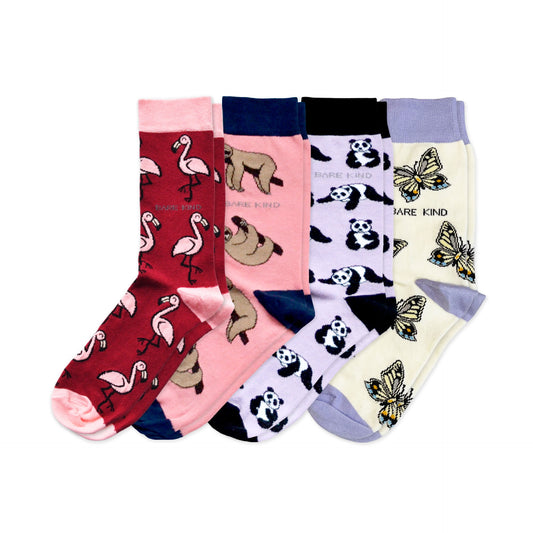 flat lays of pink flamingo, pink sloth, purple panda, cream purple butterfly bamboo socks