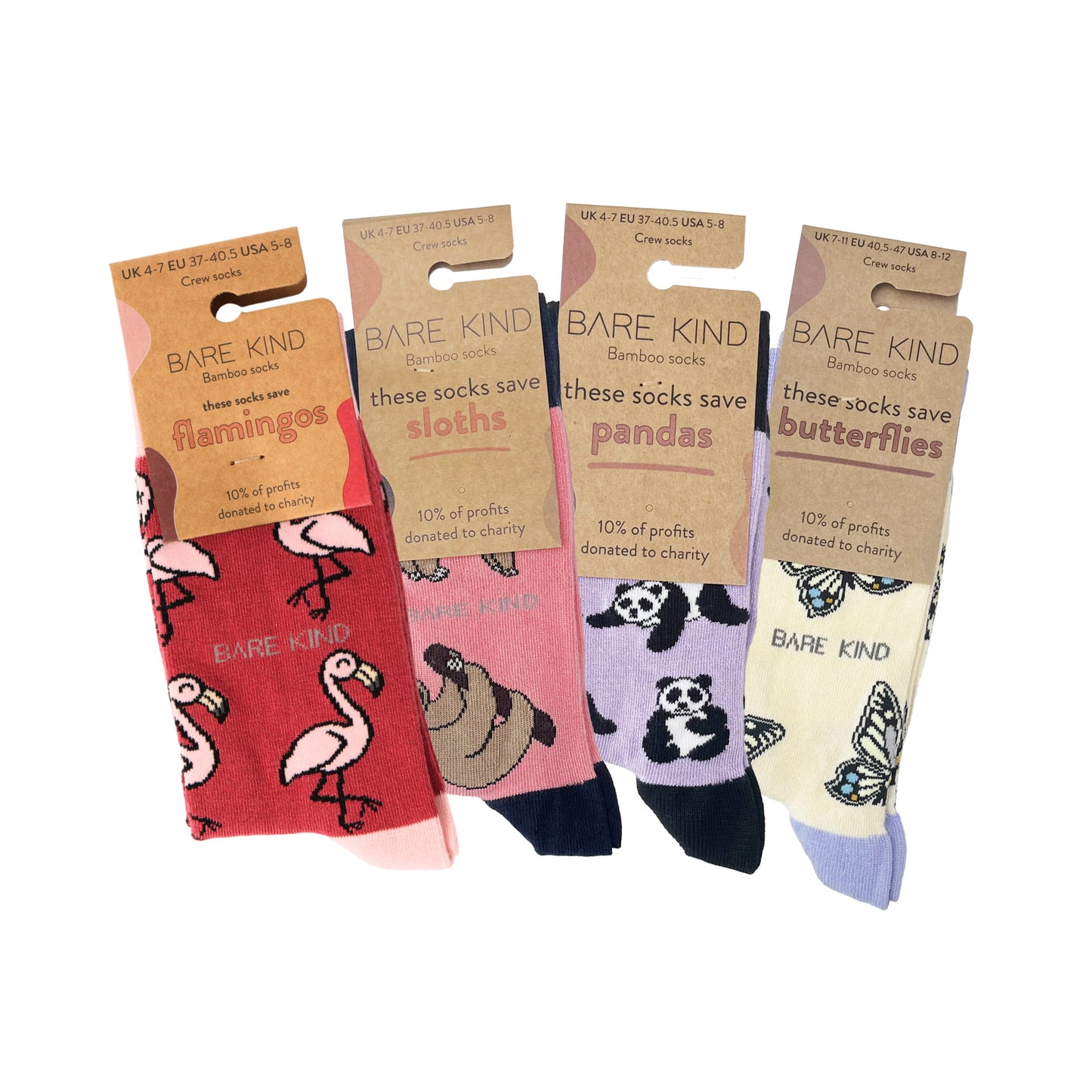 packaging flat lays of pink flamingo, pink sloth, purple panda, cream purple butterfly bamboo socks