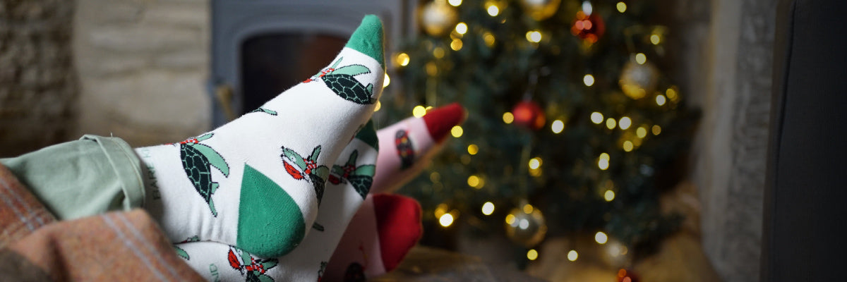 model wearing green Christmas turtle bamboo socks and pink hedgehog bamboo socks next to a Christmas tree