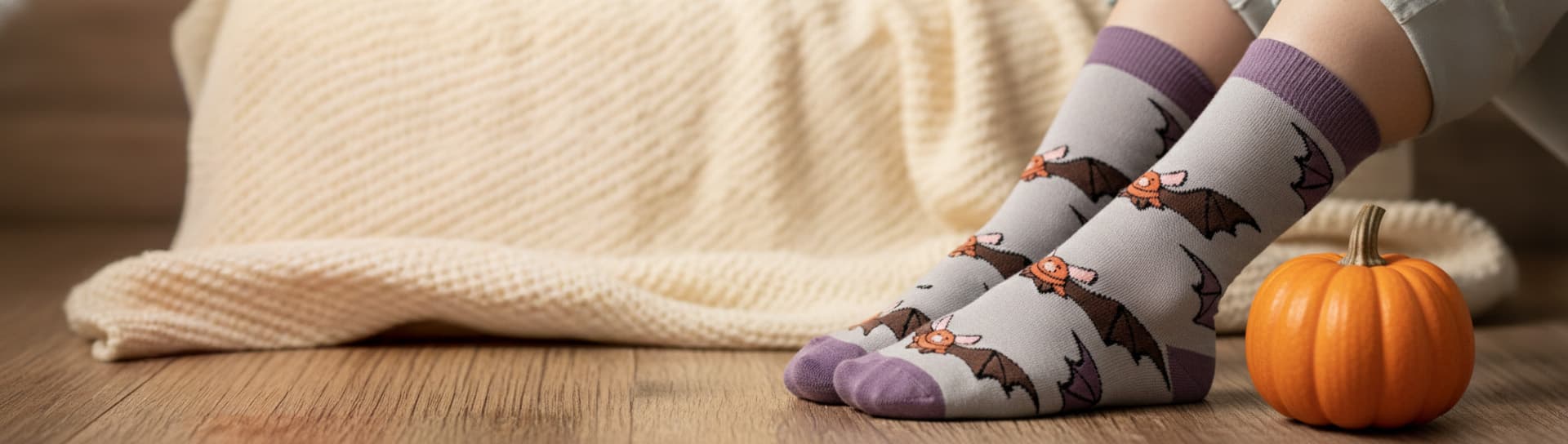 Pair of socks with bat design on a wooden floor next to a pumpkin and blanket