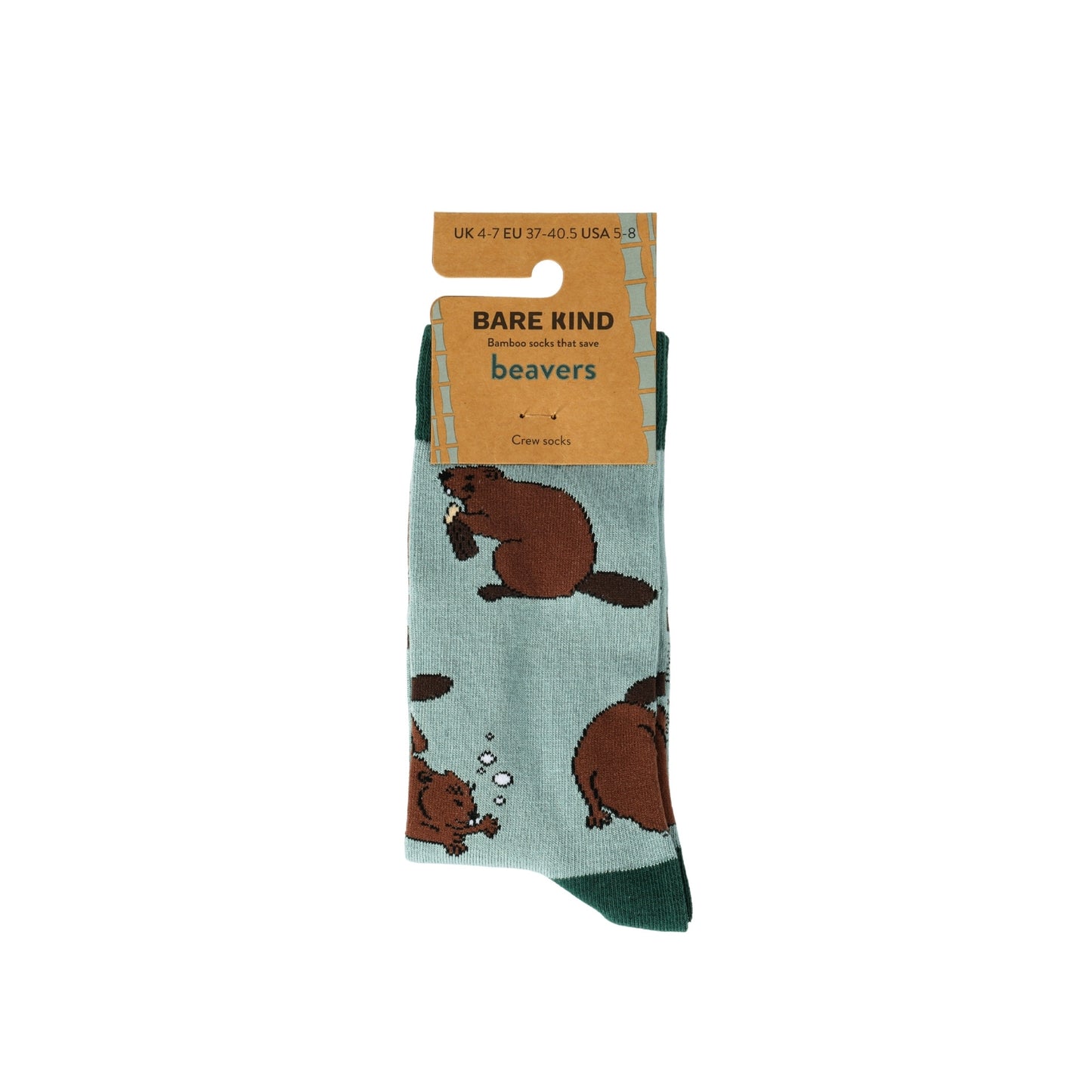 Sock with beaver design and Bare Kind packaging on a white background