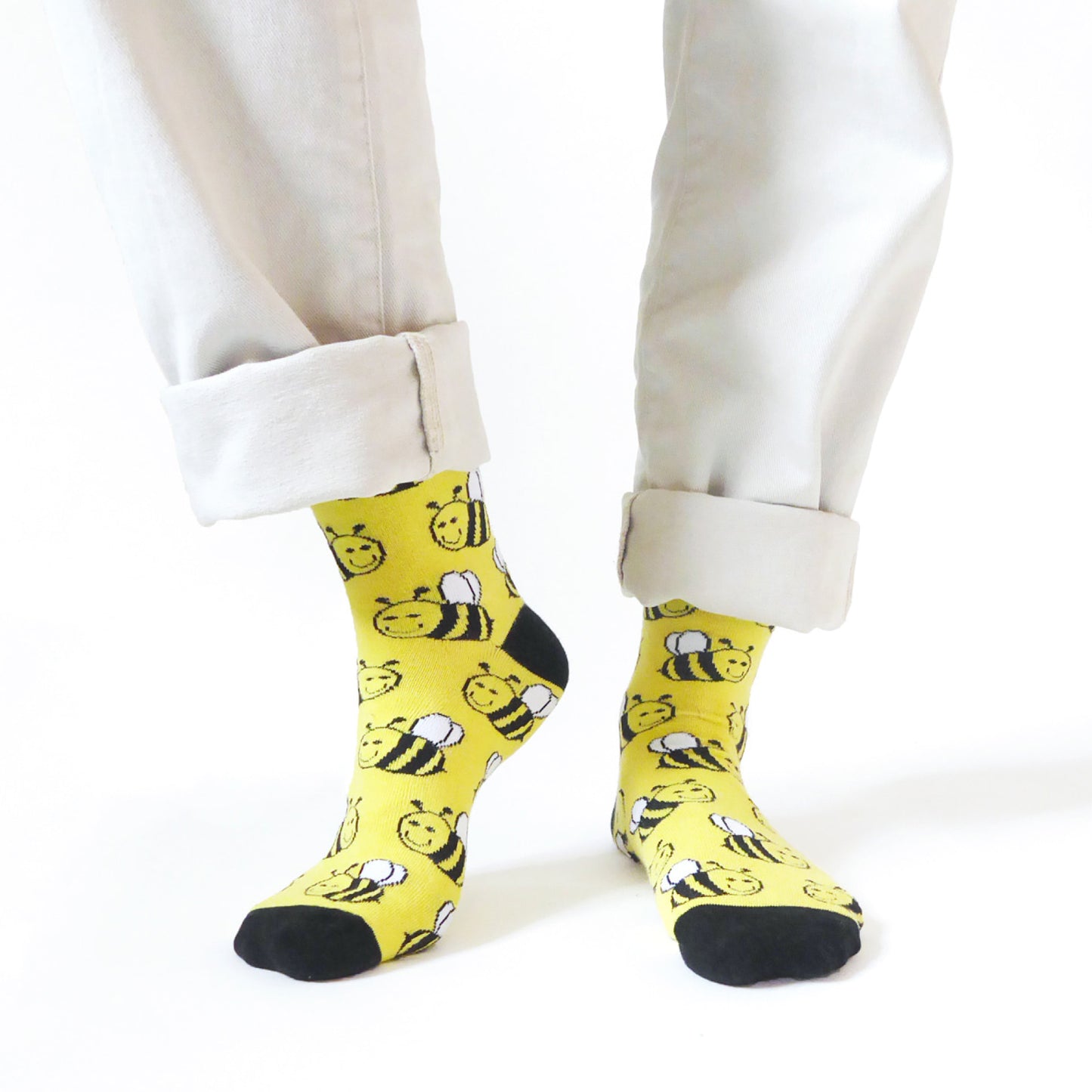 model wearing yellow bee bamboo socks