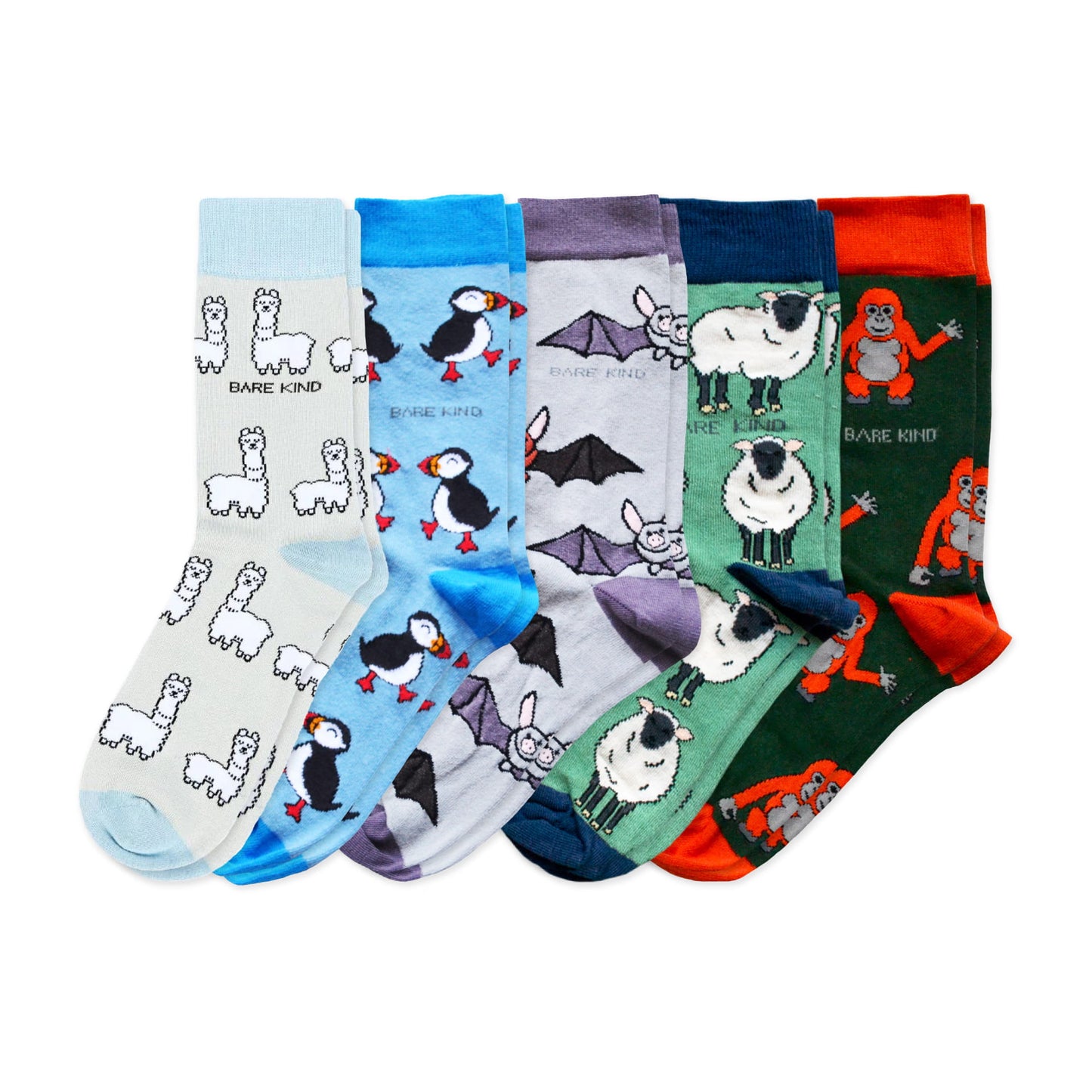 flat lays of grey blue alpaca, blue puffin, grey bats, green sheep, green orange orangutan bamboo socks