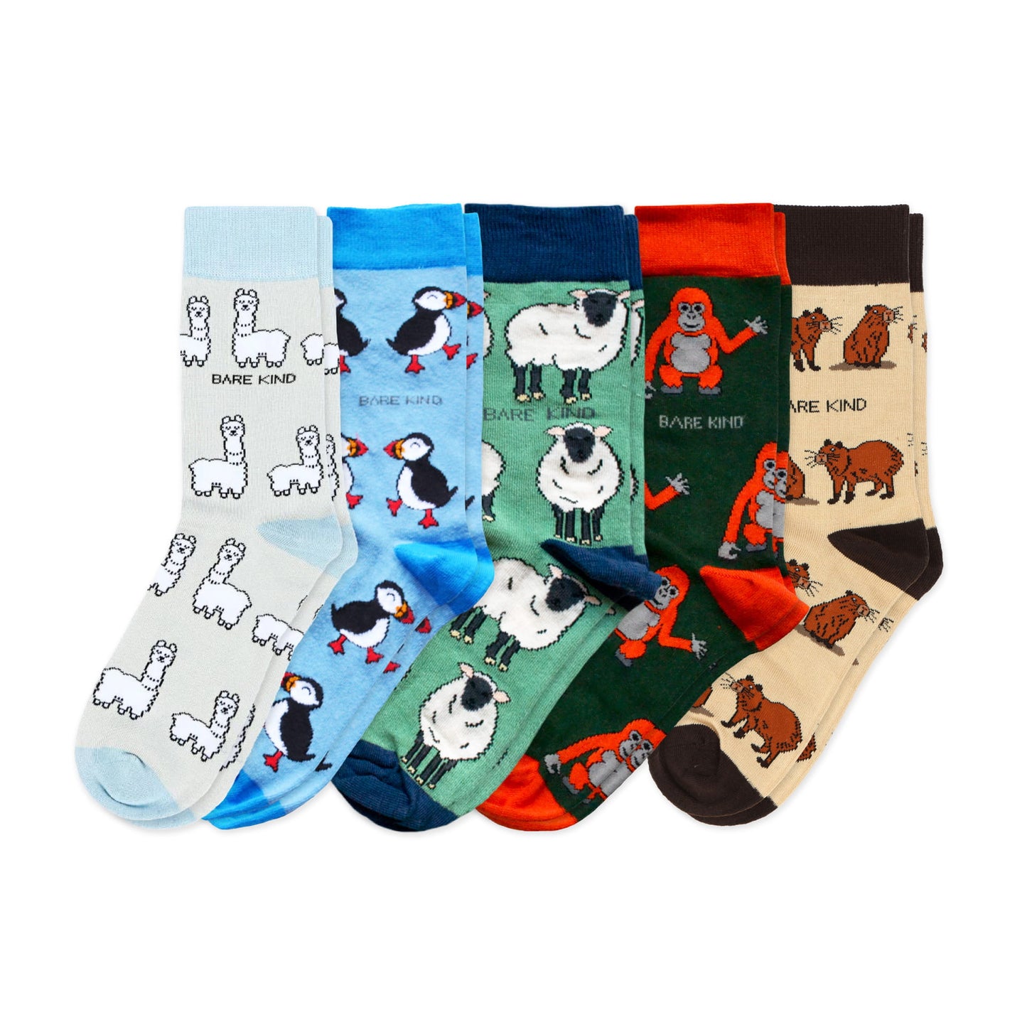 flat lays of alpaca, puffin, sheep, orangutan, capybara bamboo socks