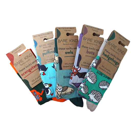 bestseller socks bundle with packagings which includes orangutan puffin owls bats and hedgehogs bamboo socks