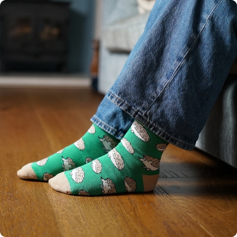 Person wearing green socks with hedgehog pattern on wooden floor