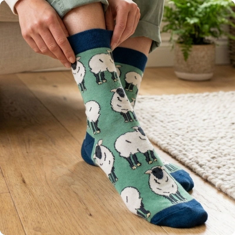Person wearing socks with sheep pattern on a wooden floor