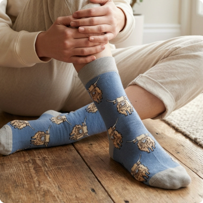 Person wearing blue highland cow socks on a wooden floor.