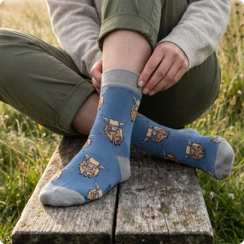 Person wearing blue highland cow socks  sitting on a wooden bench in a natural setting.