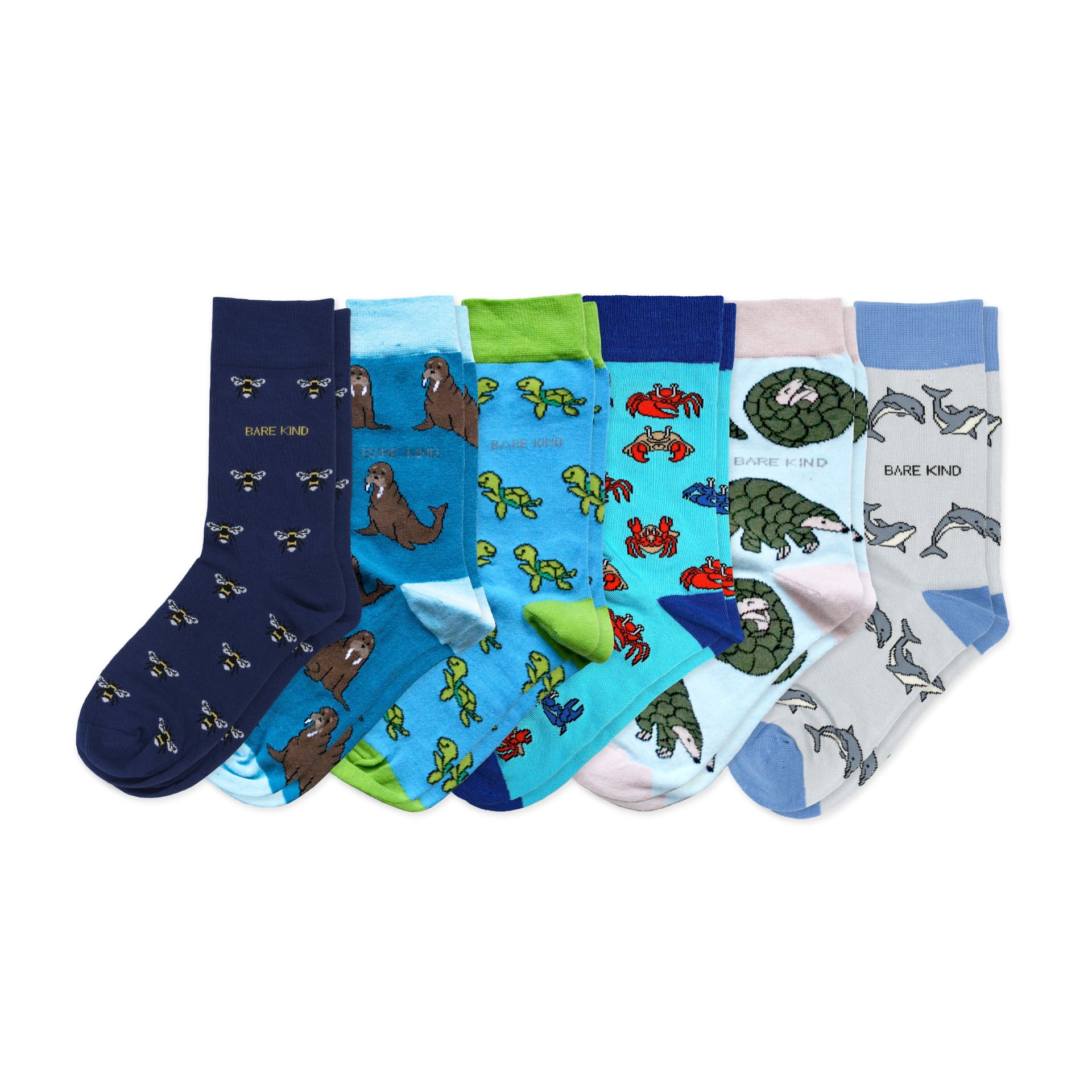 Flat lays of blue bee motif, walrus, turtle, crab, pangolin, dolphin bamboo socks