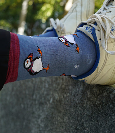 Person wearing a sock with puffins design on a blurred outdoor background