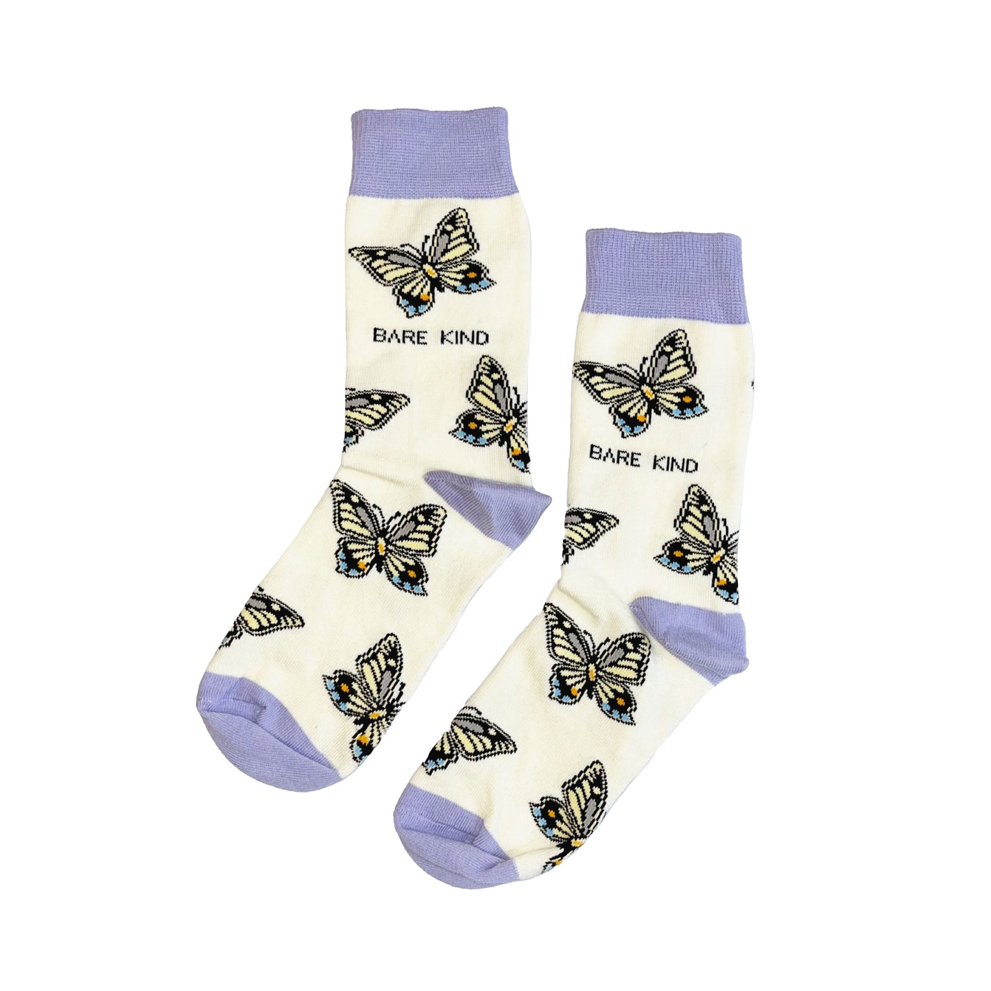 lat lay of cream and lavender bamboo butterfly socks